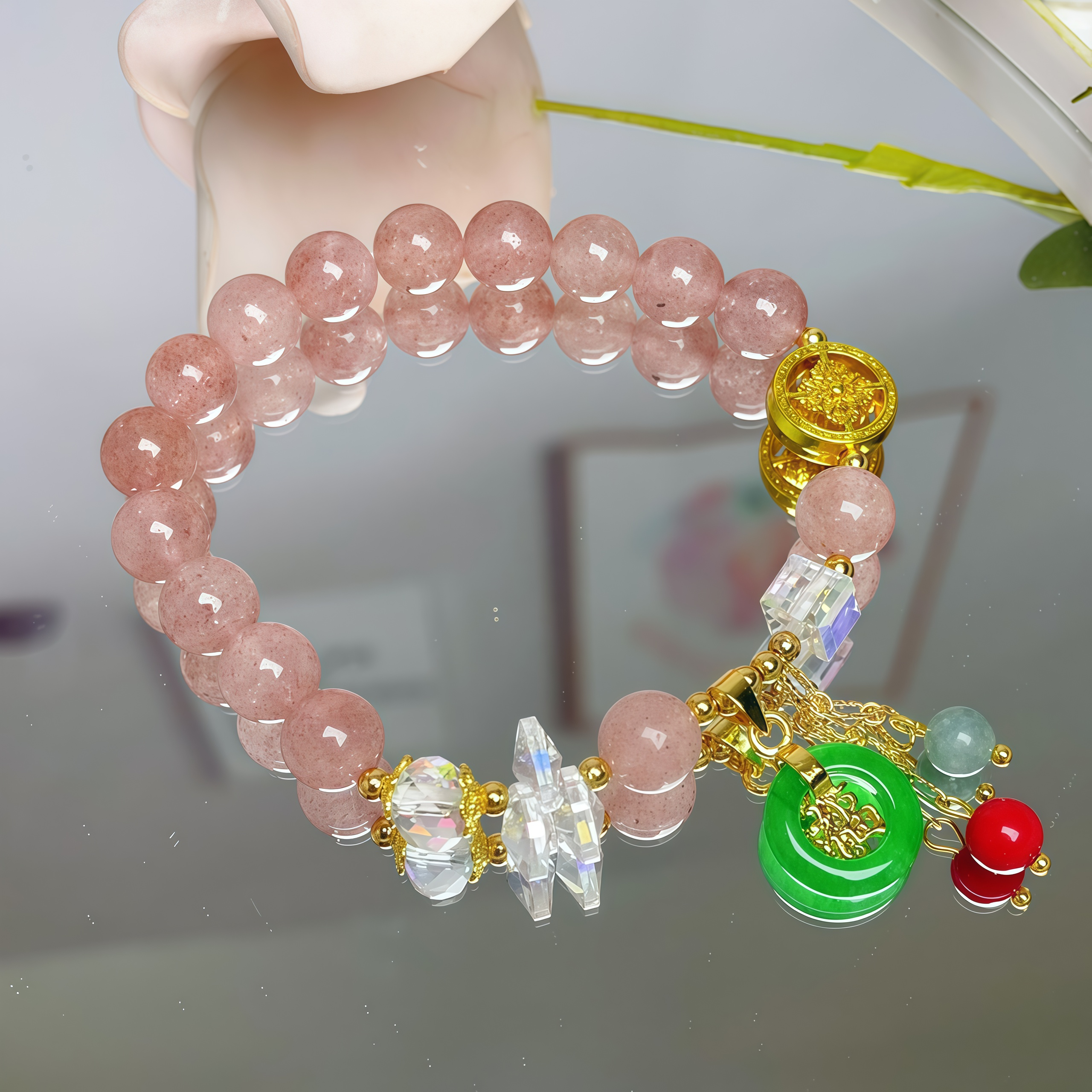 Strawberry Quartz Jade Fu Character Charm Healing Bracelet- EclatDoré