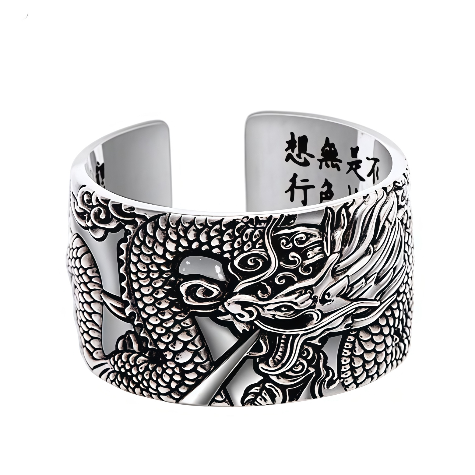 999 Sterling Silver Dragon Carved Pattern Protection Success Ring- EclatDoré