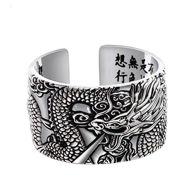 999 Sterling Silver Dragon Carved Pattern Protection Success Ring- EclatDoré