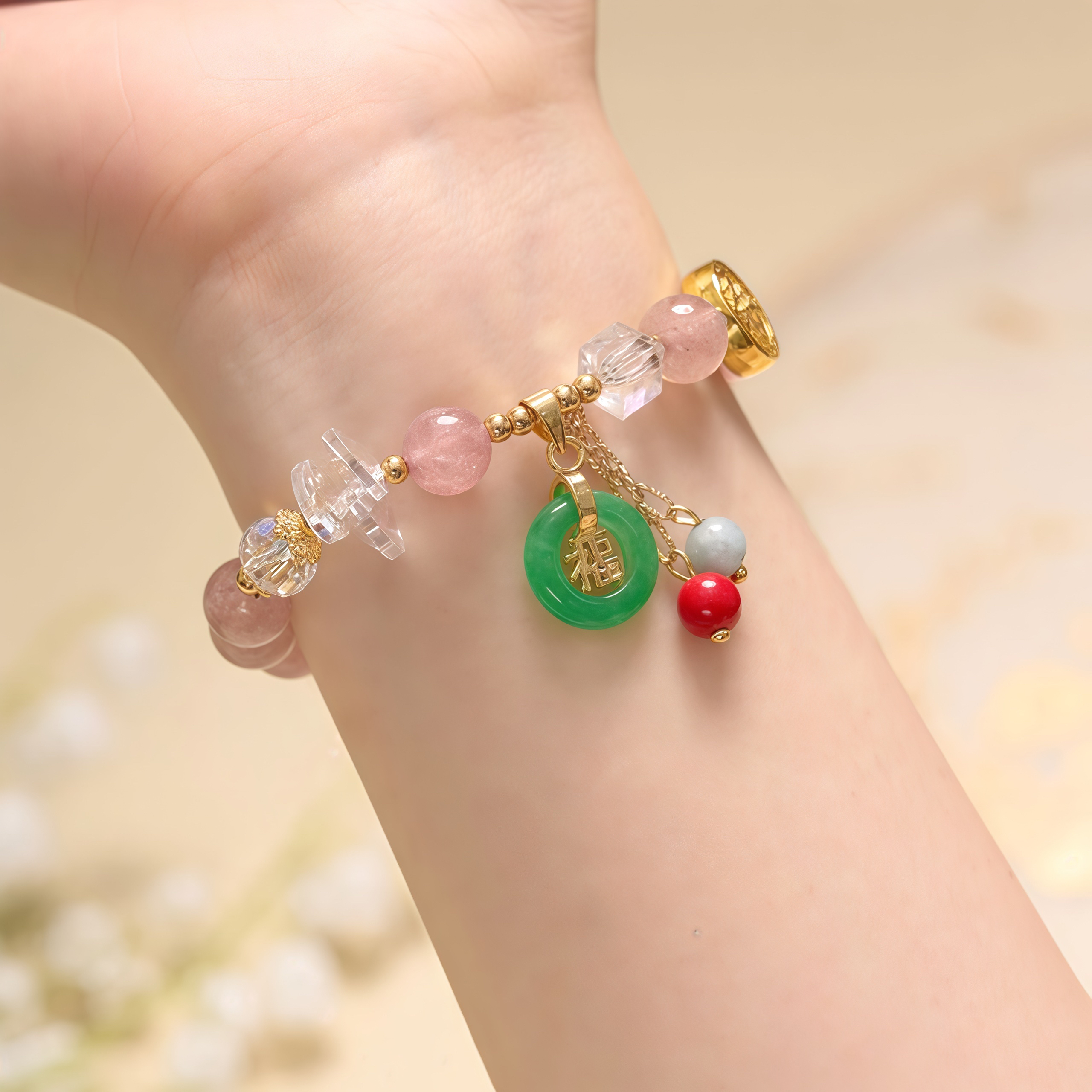 Strawberry Quartz Jade Fu Character Charm Healing Bracelet- EclatDoré