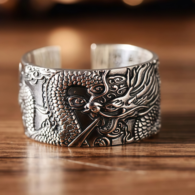 999 Sterling Silver Dragon Carved Pattern Protection Success Ring- EclatDoré