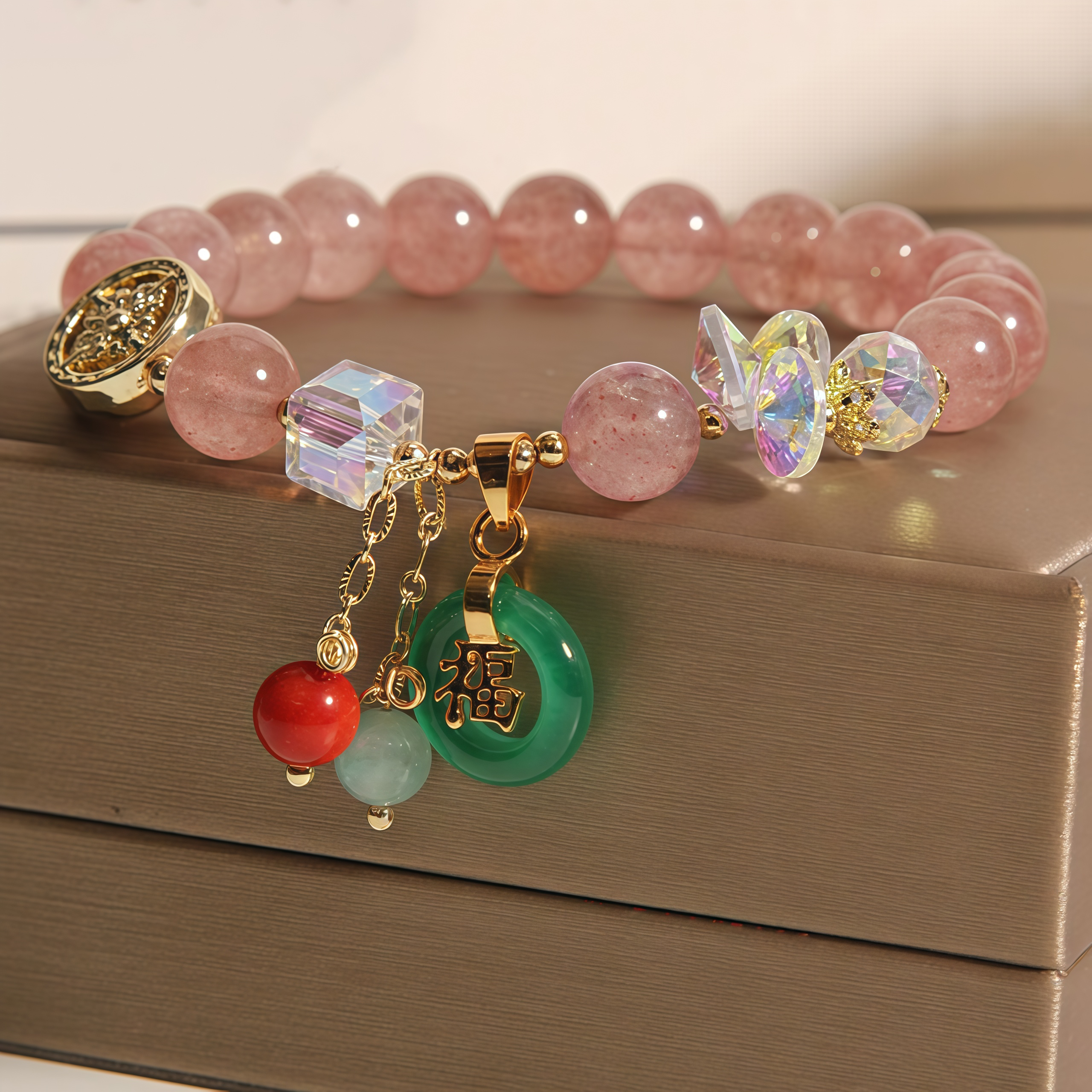 Strawberry Quartz Jade Fu Character Charm Healing Bracelet- EclatDoré