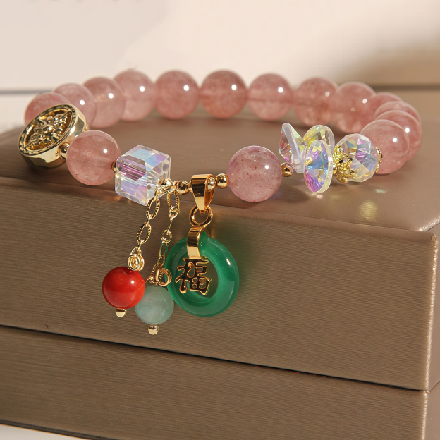 Strawberry Quartz Jade Fu Character Charm Healing Bracelet- EclatDoré