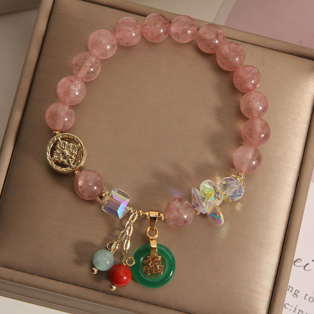Strawberry Quartz Jade Fu Character Charm Healing Bracelet- EclatDoré