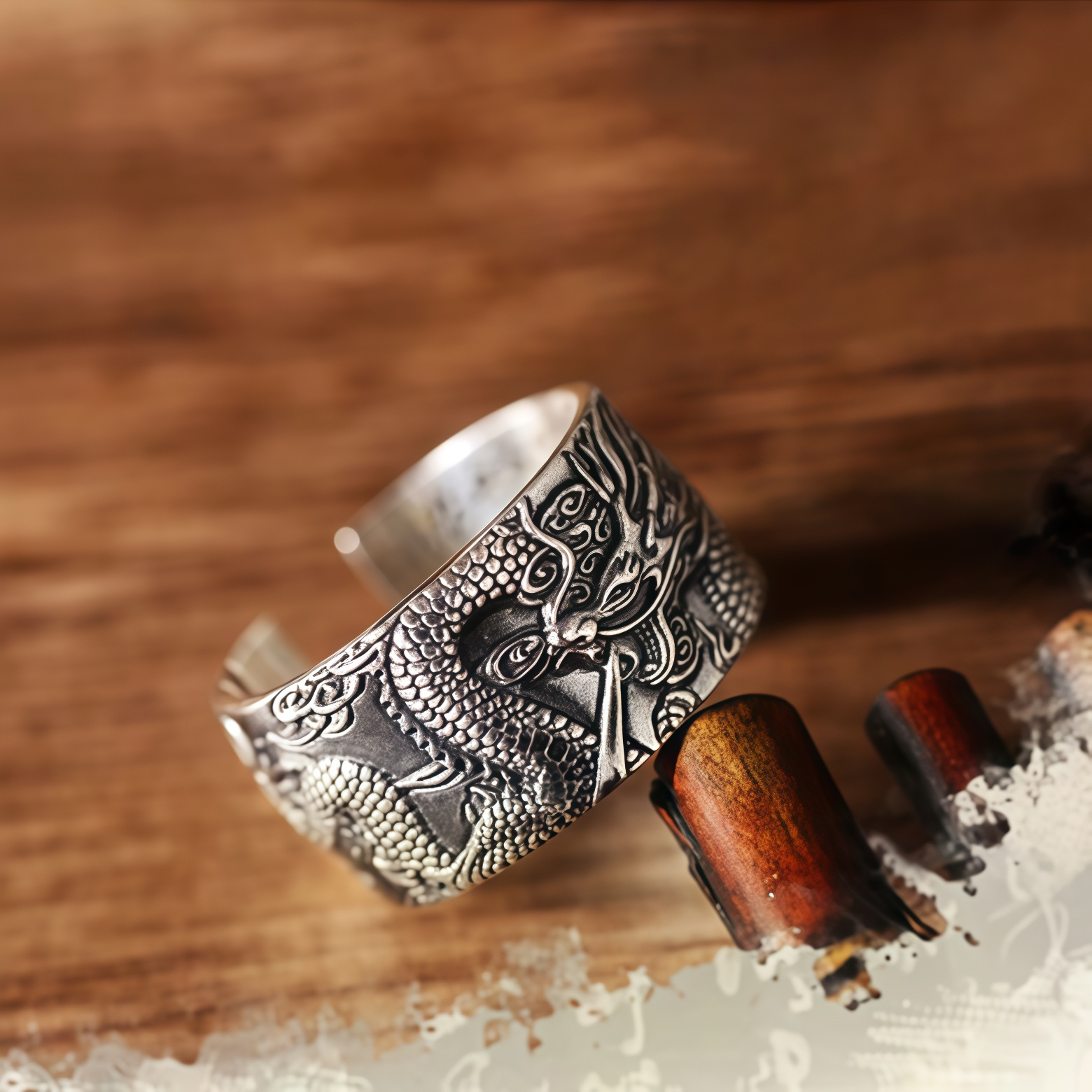 999 Sterling Silver Dragon Carved Pattern Protection Success Ring- EclatDoré