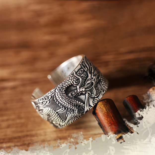 999 Sterling Silver Dragon Carved Pattern Protection Success Ring- EclatDoré