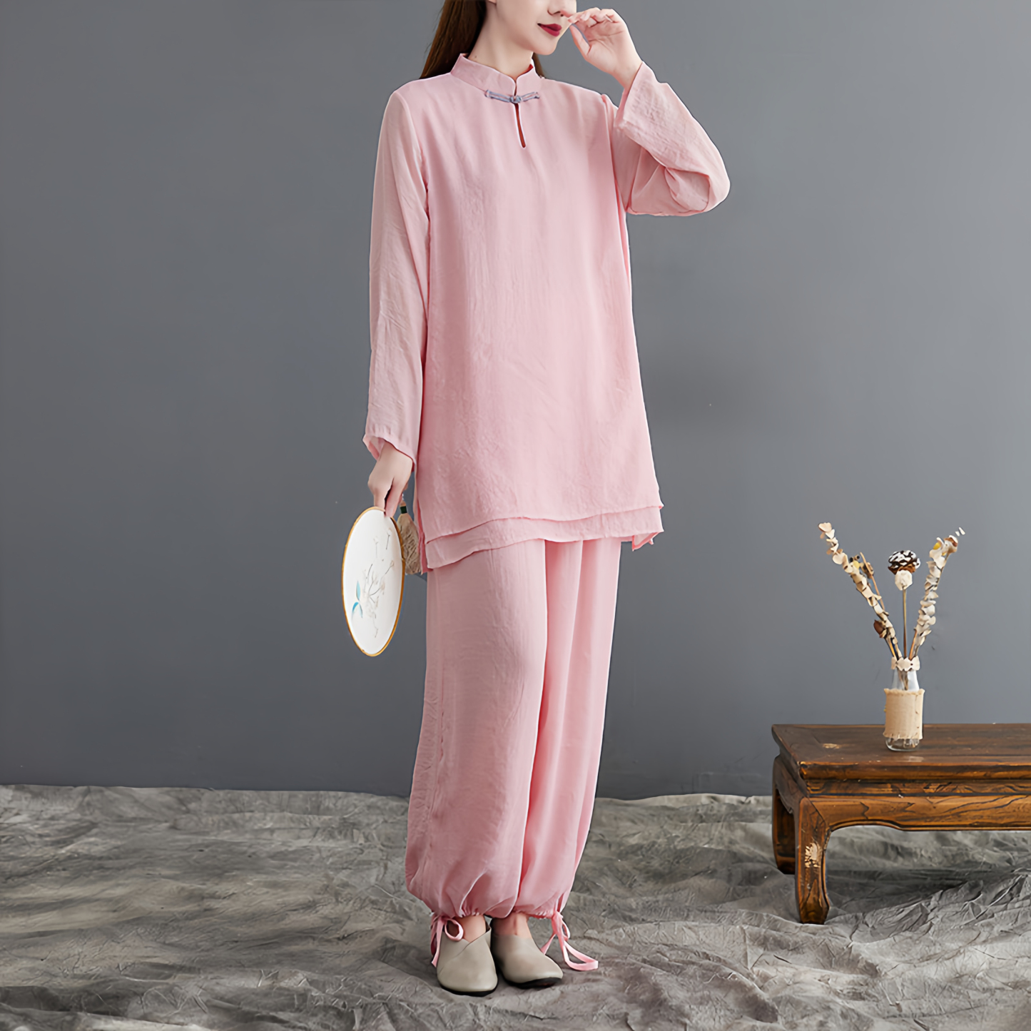 Zen Cotton and Linen Meditation Set | Long Sleeve Button Top + Short Bloomers