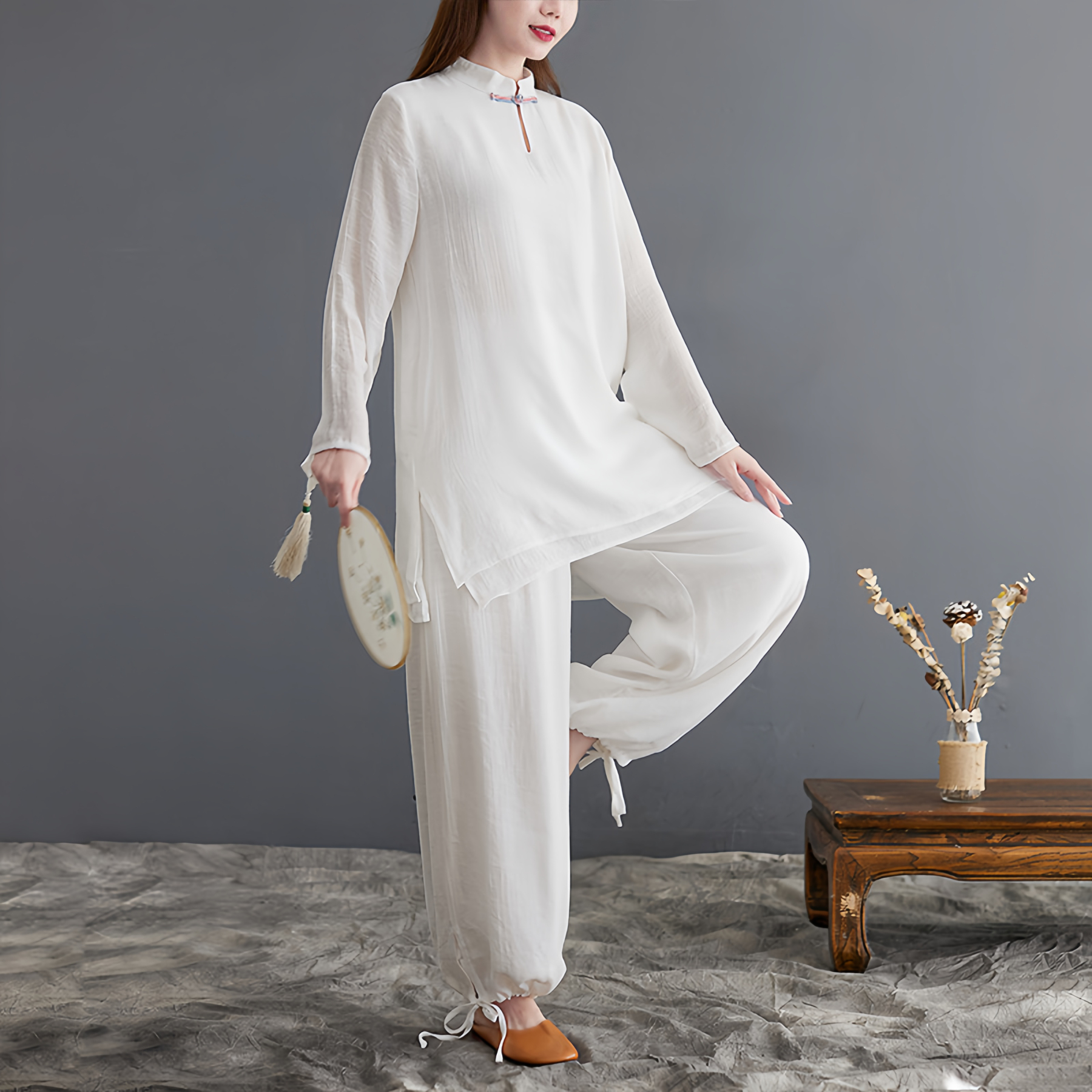 Zen Cotton and Linen Meditation Set | Long Sleeve Button Top + Short Bloomers