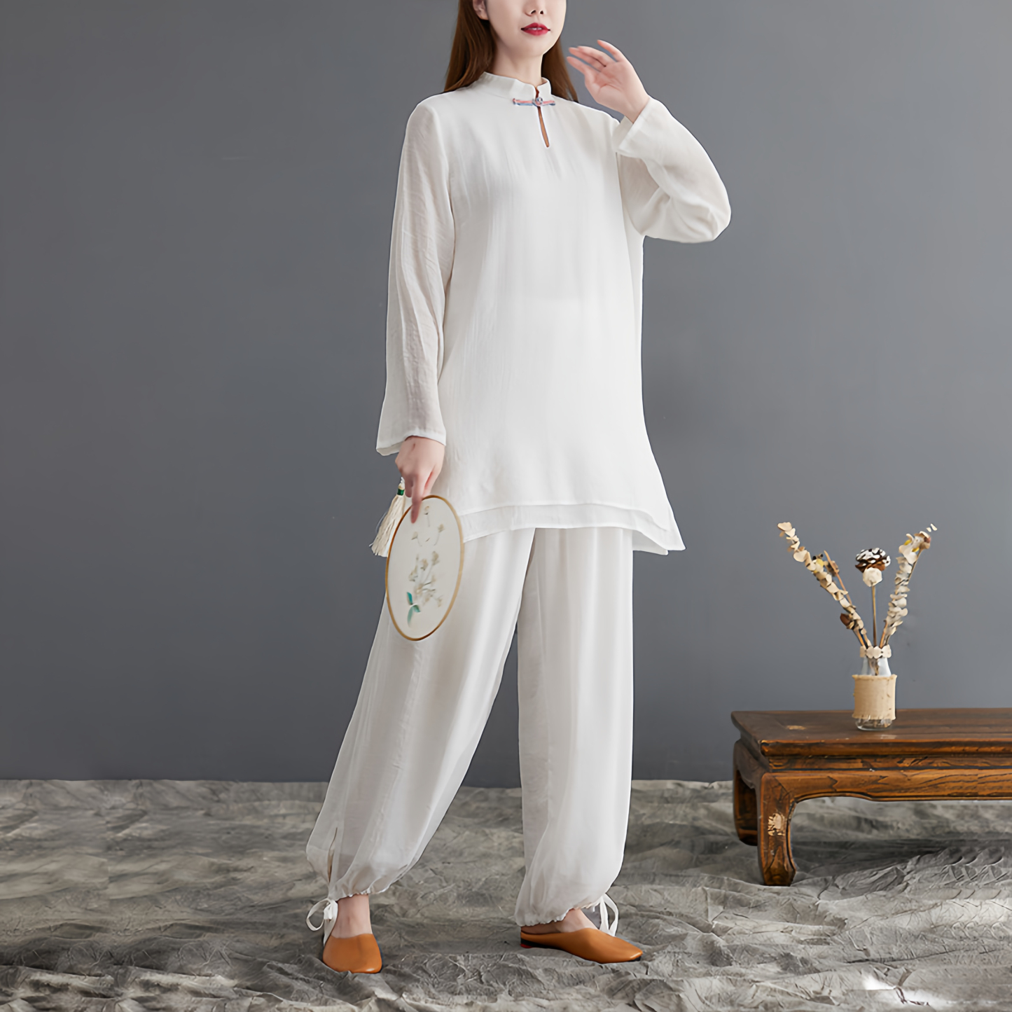 Zen Cotton and Linen Meditation Set | Long Sleeve Button Top + Short B