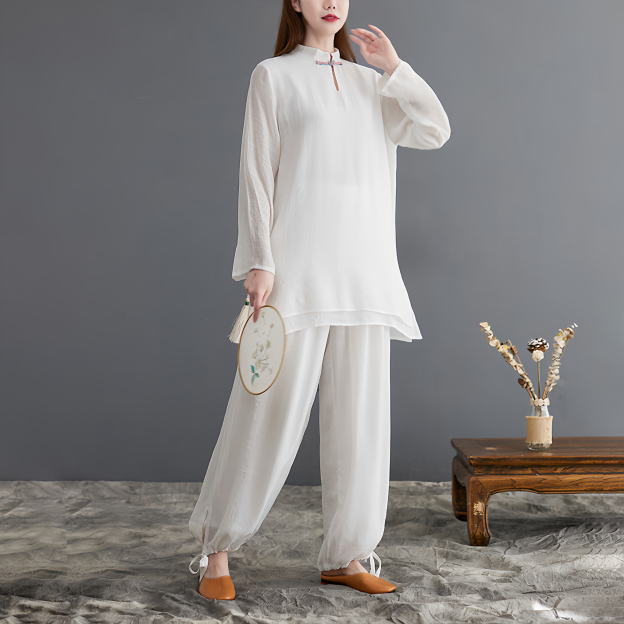 Zen Cotton and Linen Meditation Set | Long Sleeve Button Top + Short Bloomers