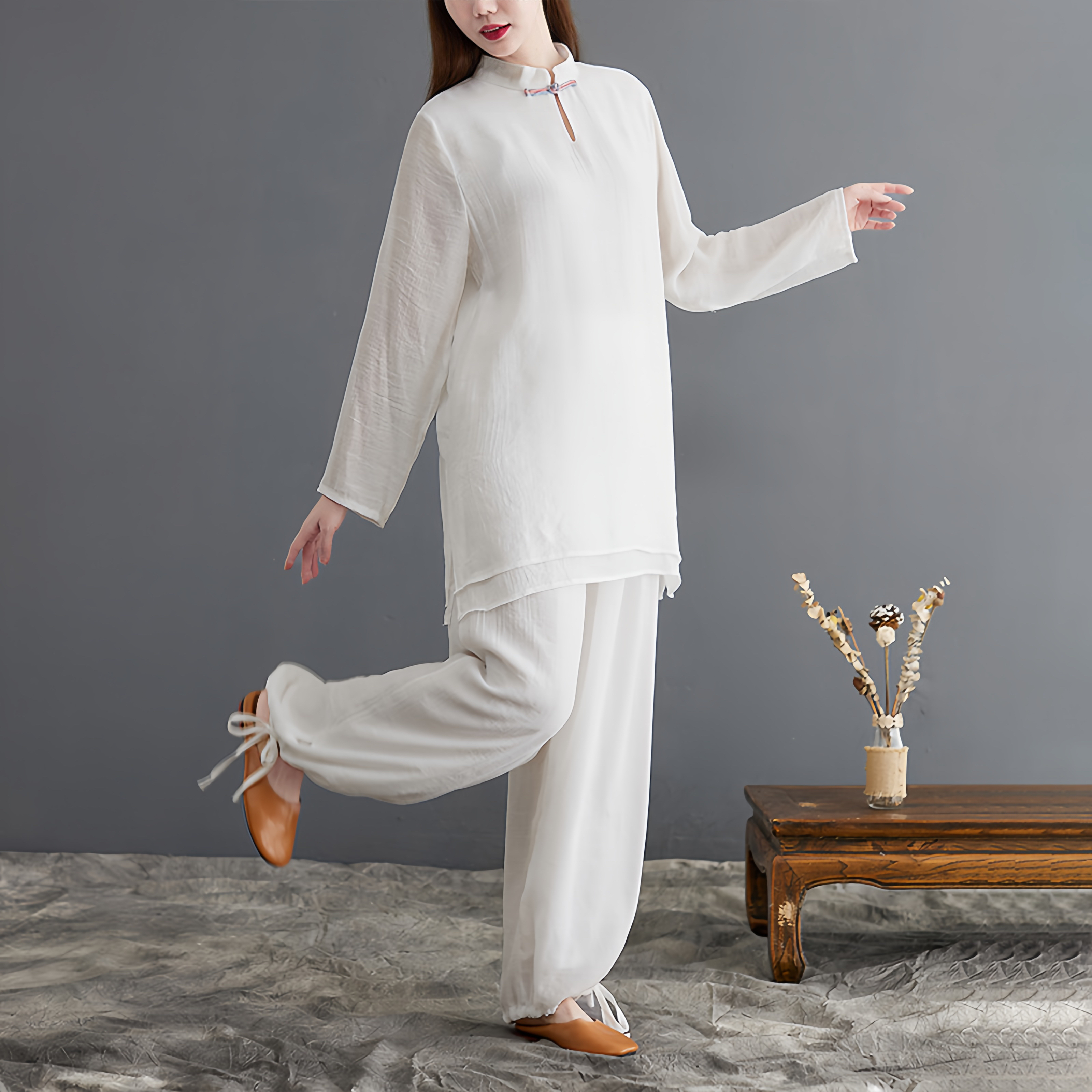 Zen Cotton and Linen Meditation Set | Long Sleeve Button Top + Short Bloomers