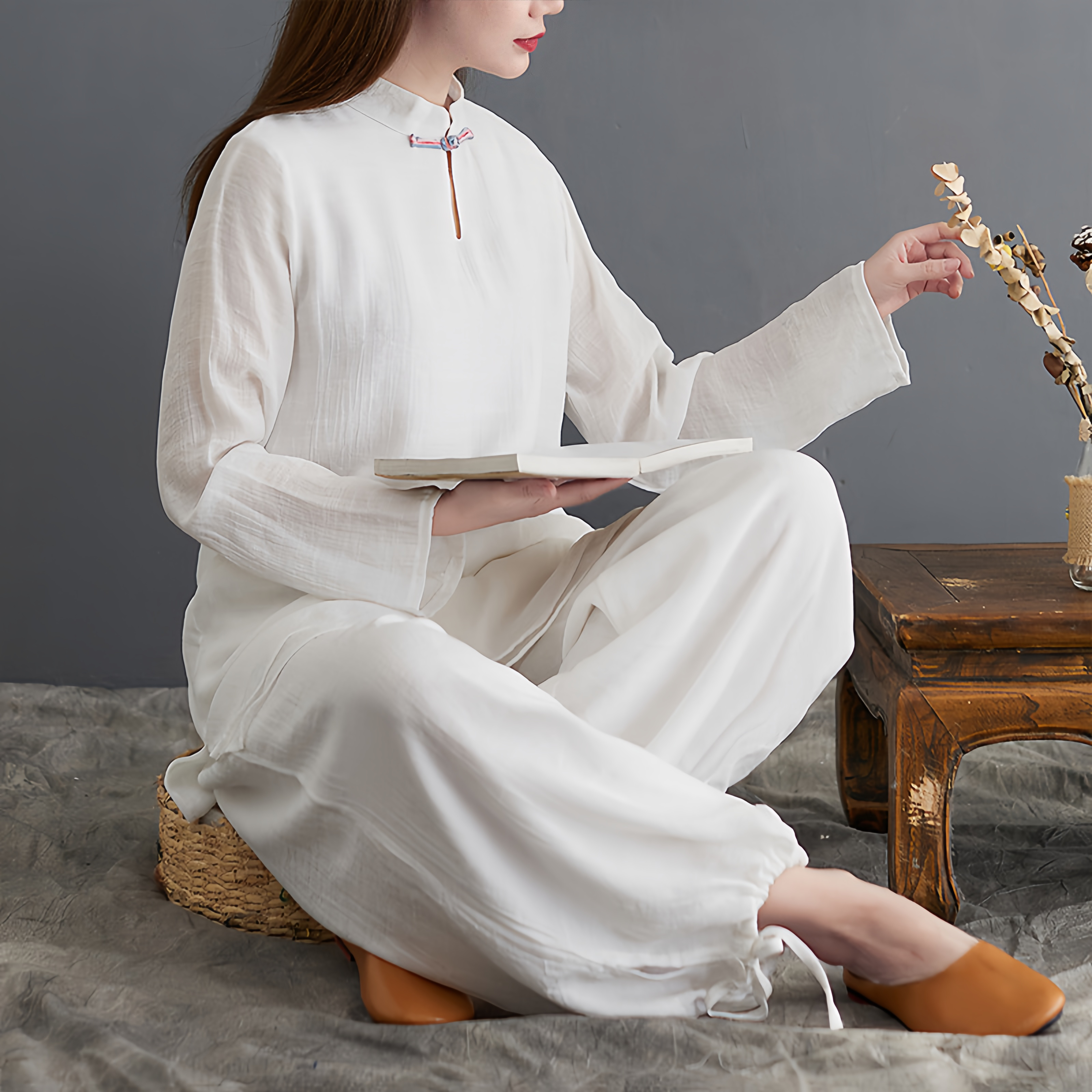 Zen Cotton and Linen Meditation Set | Long Sleeve Button Top + Short Bloomers