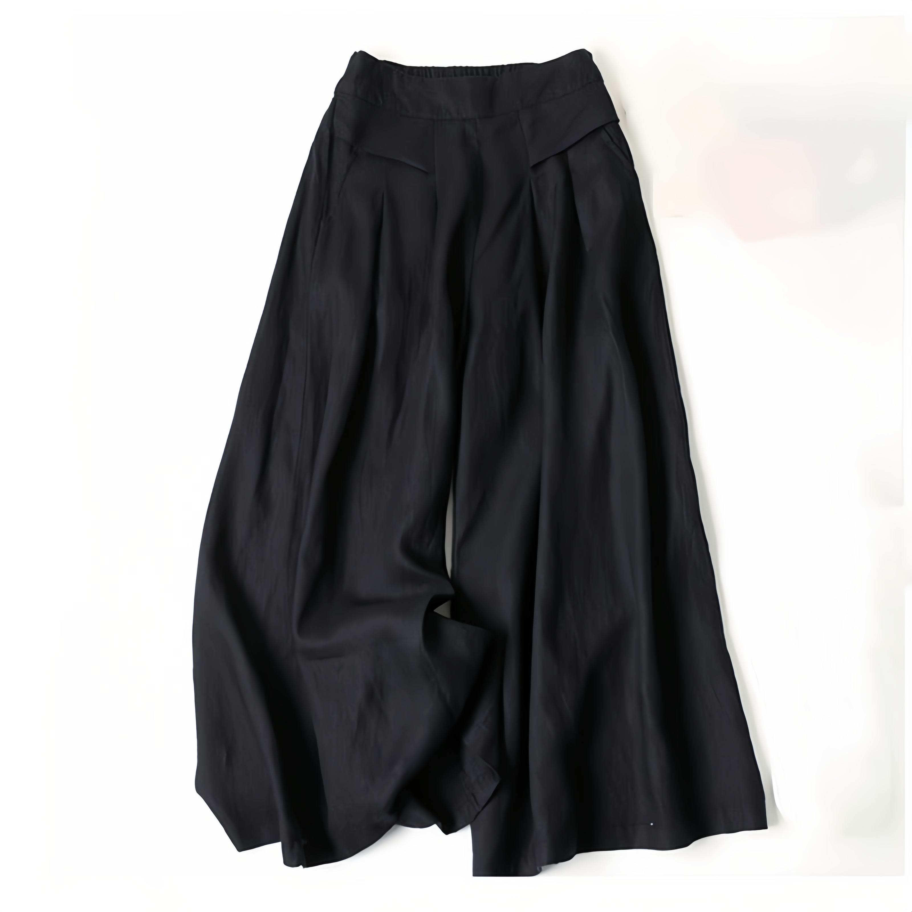 Women's Loose Fit Half Elastic High Waist Thin Artistic Cotton Linen Wide Leg Skirt Pants