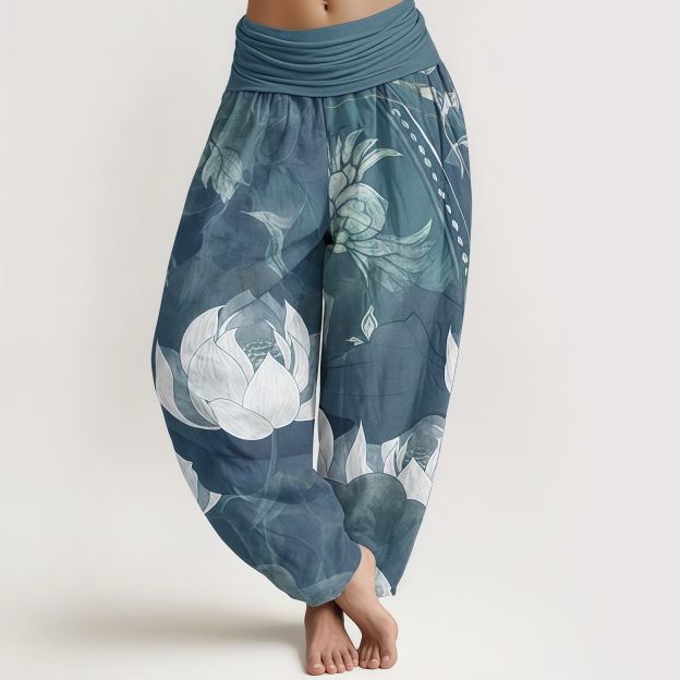 Buddha Stones Pure Cotton White Lotus Leaves Pattern Casual Women's Elastic Waist Harem Pants