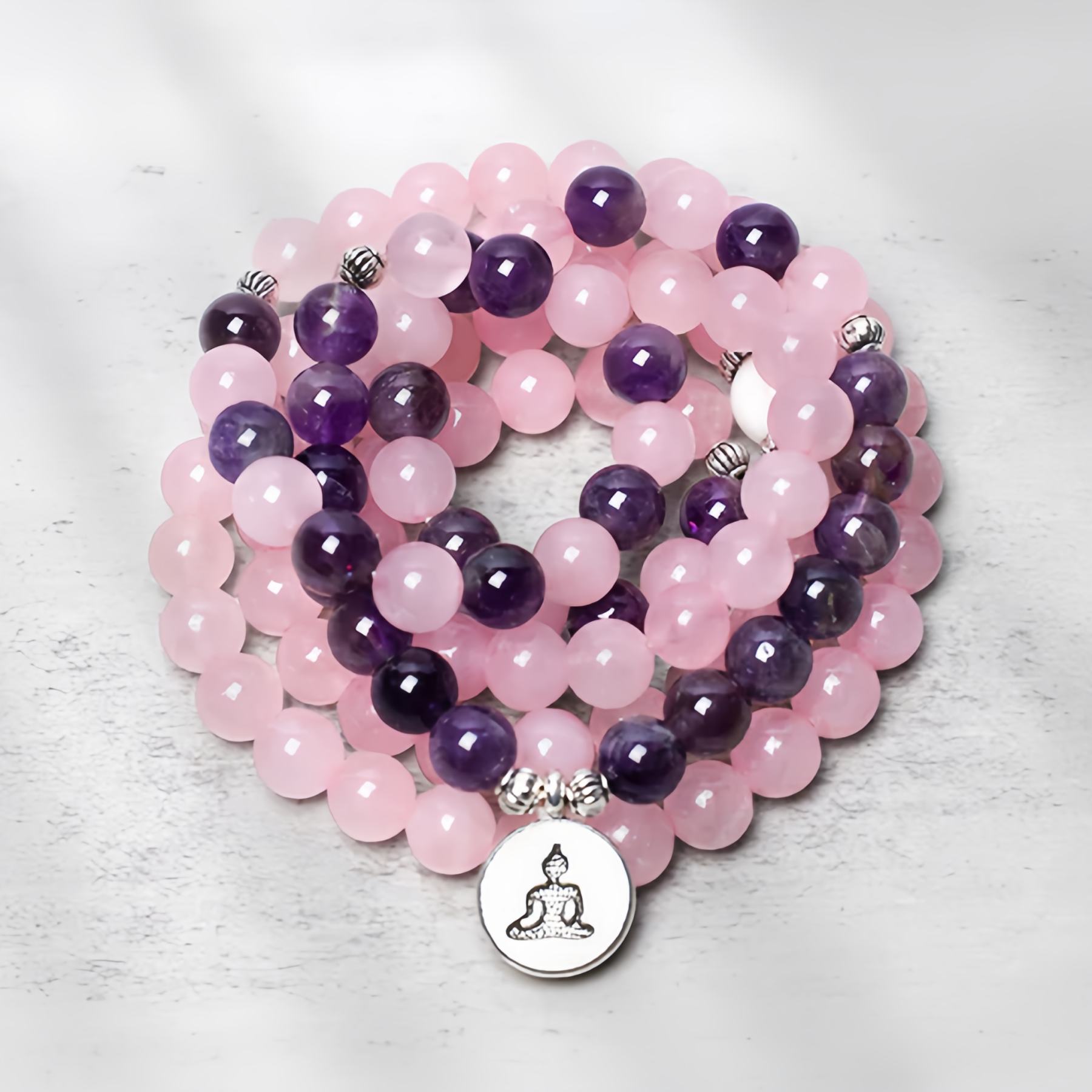 Healing Energy Jewelry:  108 Natural Rose Quartz & Amethyst Mala Bead Lotus Pendant Bracelet- EclatDoré