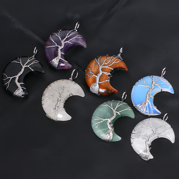 Healing Energy Jewelry:Natural Quartz Crystal Moon Tree Of Life Healing Energy Necklace Pendant- EclatDoré