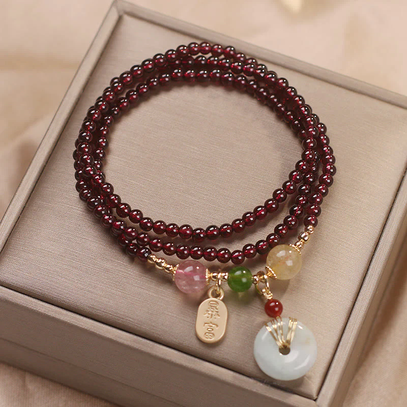 Natural Garnet Strawberry Quartz Crystal Fox Koi Fish Peace Buckle Fortune Protection Triple Wrap Bracelet- EclatDoré
