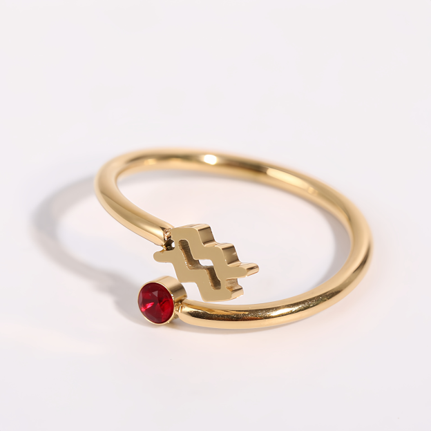 Zodiac Birthstone Titanium Steel Ring with Rune Symbols - Adjustable Open  Zircon Astrology Jewelry- EclatDoré