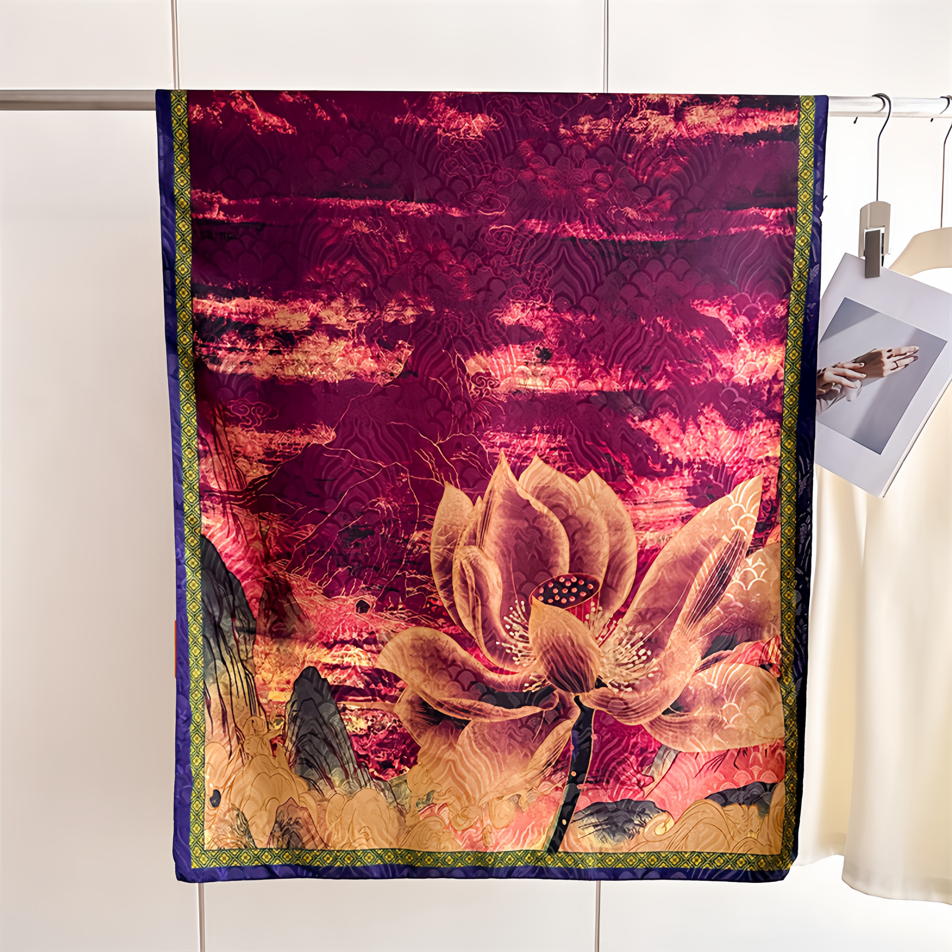  UV-Protective Handwoven Silk Scarf - Vintage Blue Peony & Bamboo Lightweight Ethno Fashion- EclatDoré