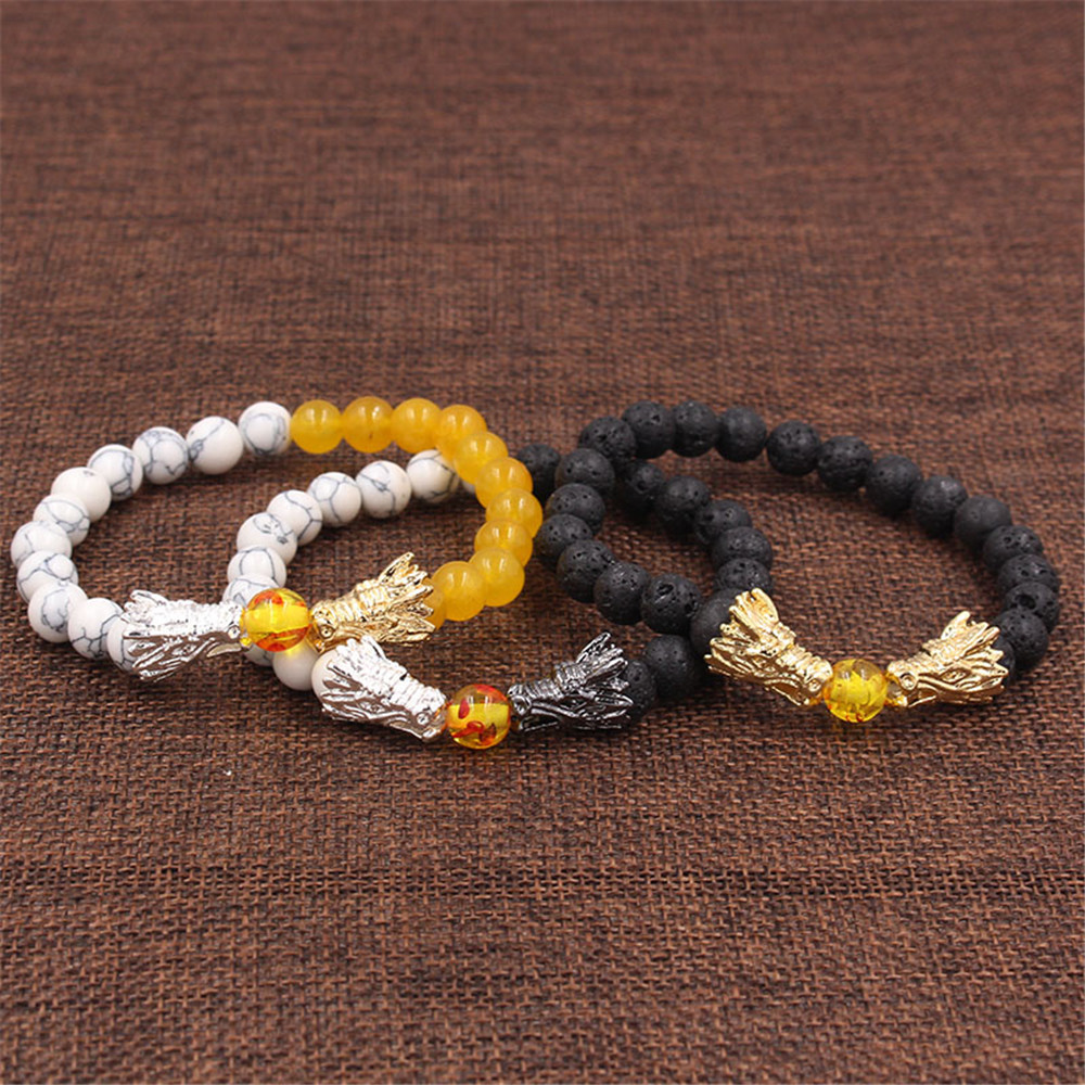 White Turquoise Lava Rock Dragon Blessing Beaded Bracelet