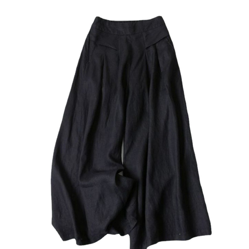Women's Loose Fit Half Elastic High Waist Thin Artistic Cotton Linen Wide Leg Skirt Pants