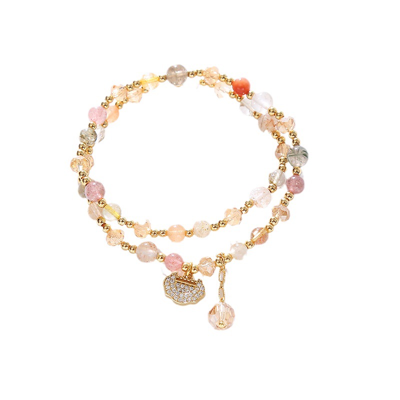 Natural Strawberry Quartz Love Healing Maple Leaf Charm Double Wrap Bracelet- EclatDoré
