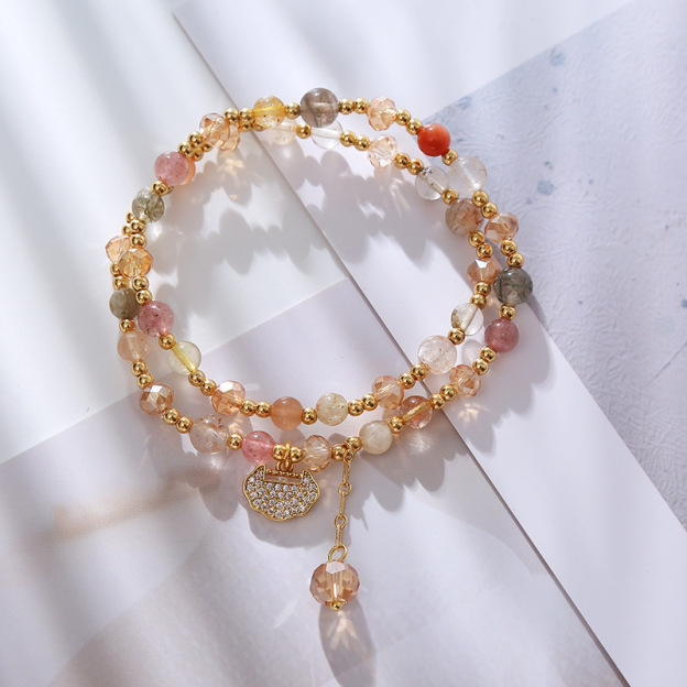 Natural Strawberry Quartz Love Healing Maple Leaf Charm Double Wrap Bracelet- EclatDoré