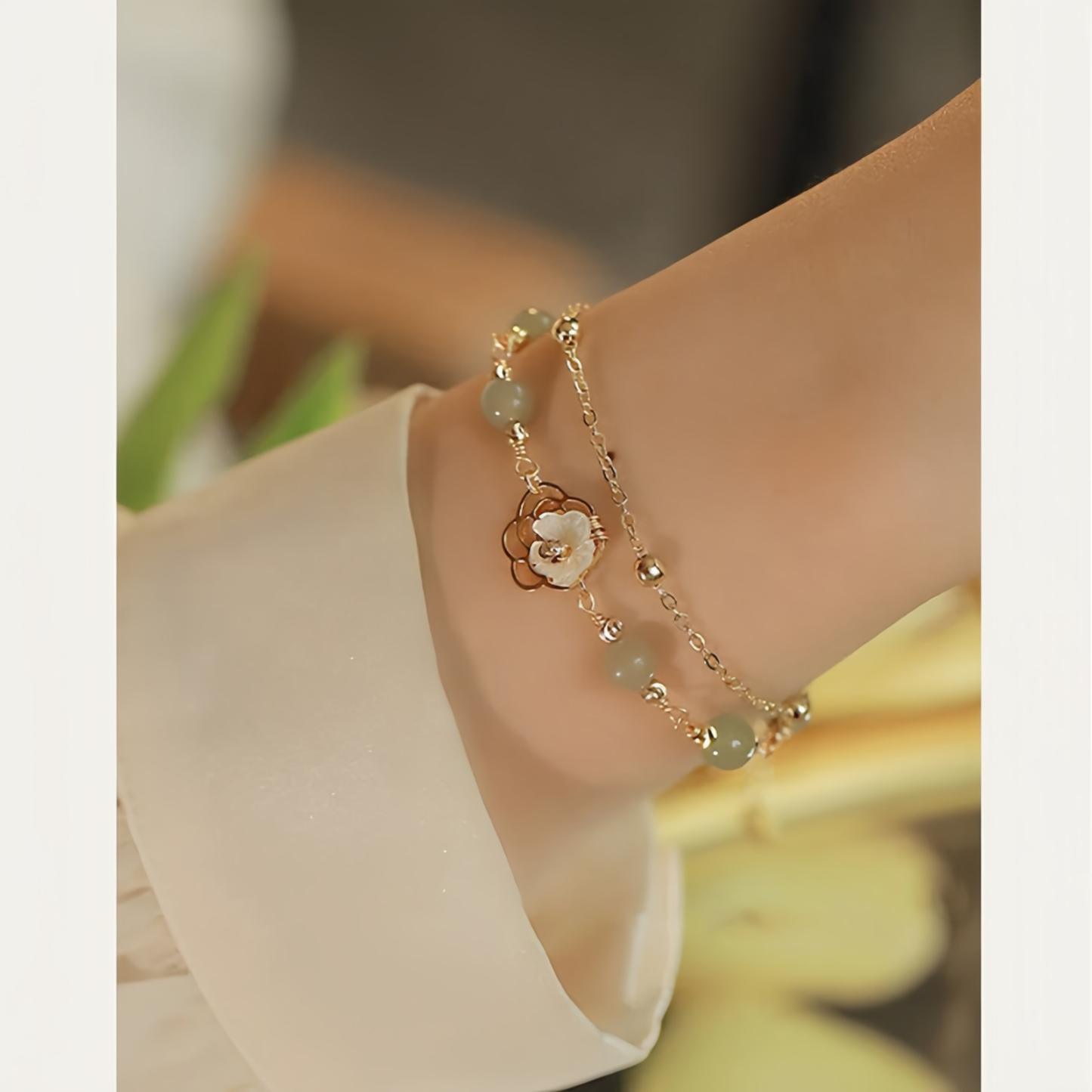 14K Gold Plated Jade Butterfly Tridacna Stone Flower Double Layer Luck Bracelet