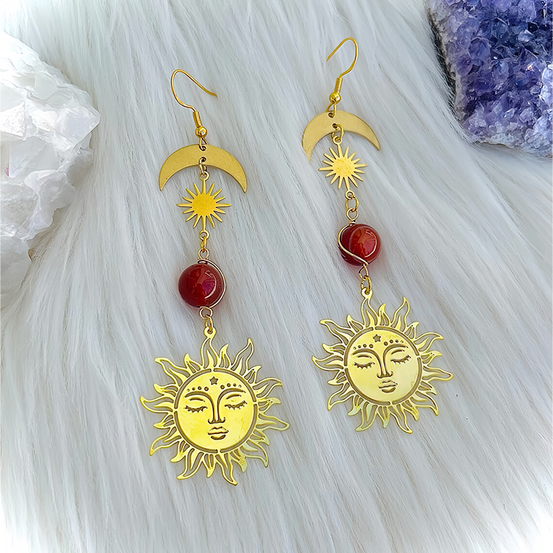 Brass Sun Moon Healing Earrings |   Copper Chakra Energy Balancing