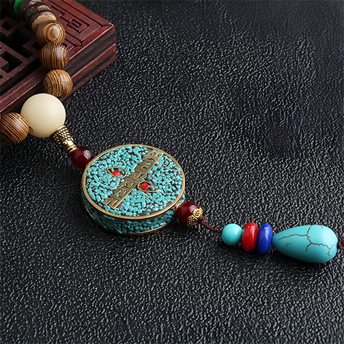 Turquoise Dzi Bead Prayer Wheel Wenge Wood Meditation Necklace