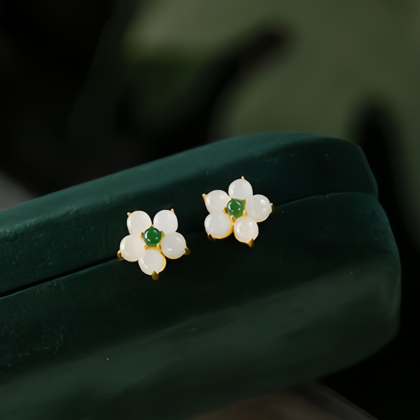 White Jade Flower Stud Earrings—Handmade Lucky Charm Blessing Jewelry for Women,14K Gold Plating- EclatDoré