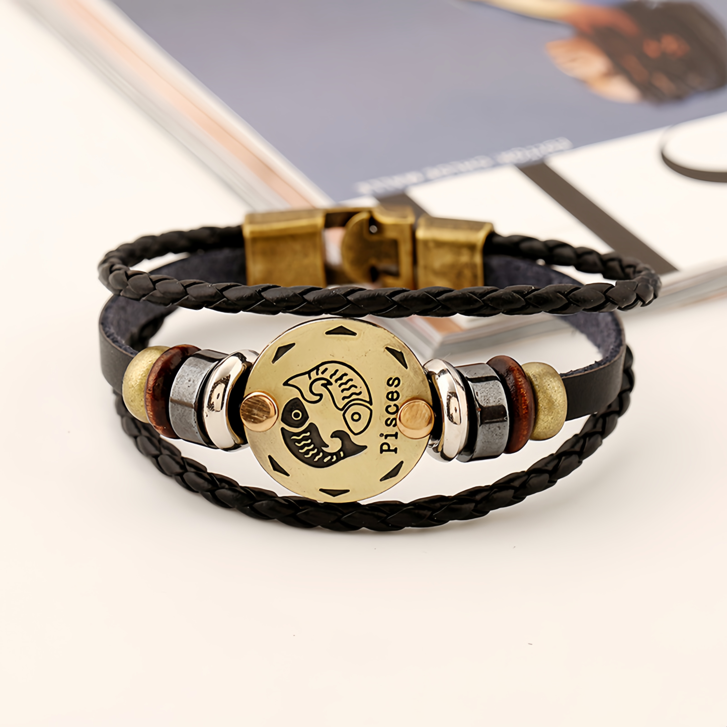 12 Zodiac Signs Handmade Leather Couple Bracelet with Hematite Totem Stone - Mystical Love Jewelry for 2025- EclatDoré