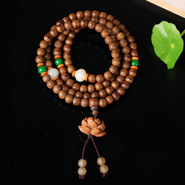 108 Peachwood Lotus Zen Meditation Mala Beads - Natural Handmade Adjustable Unisex Spiritual Jewelry- EclatDoré