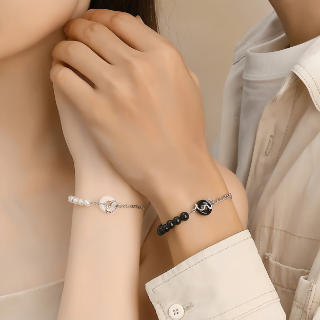 Black Obsidian Black Onyx Chalcedony Peace Buckle 925  Sterling Silver Year Of The Snake Pearl Purification Couple's Bracelet- EclatDoré