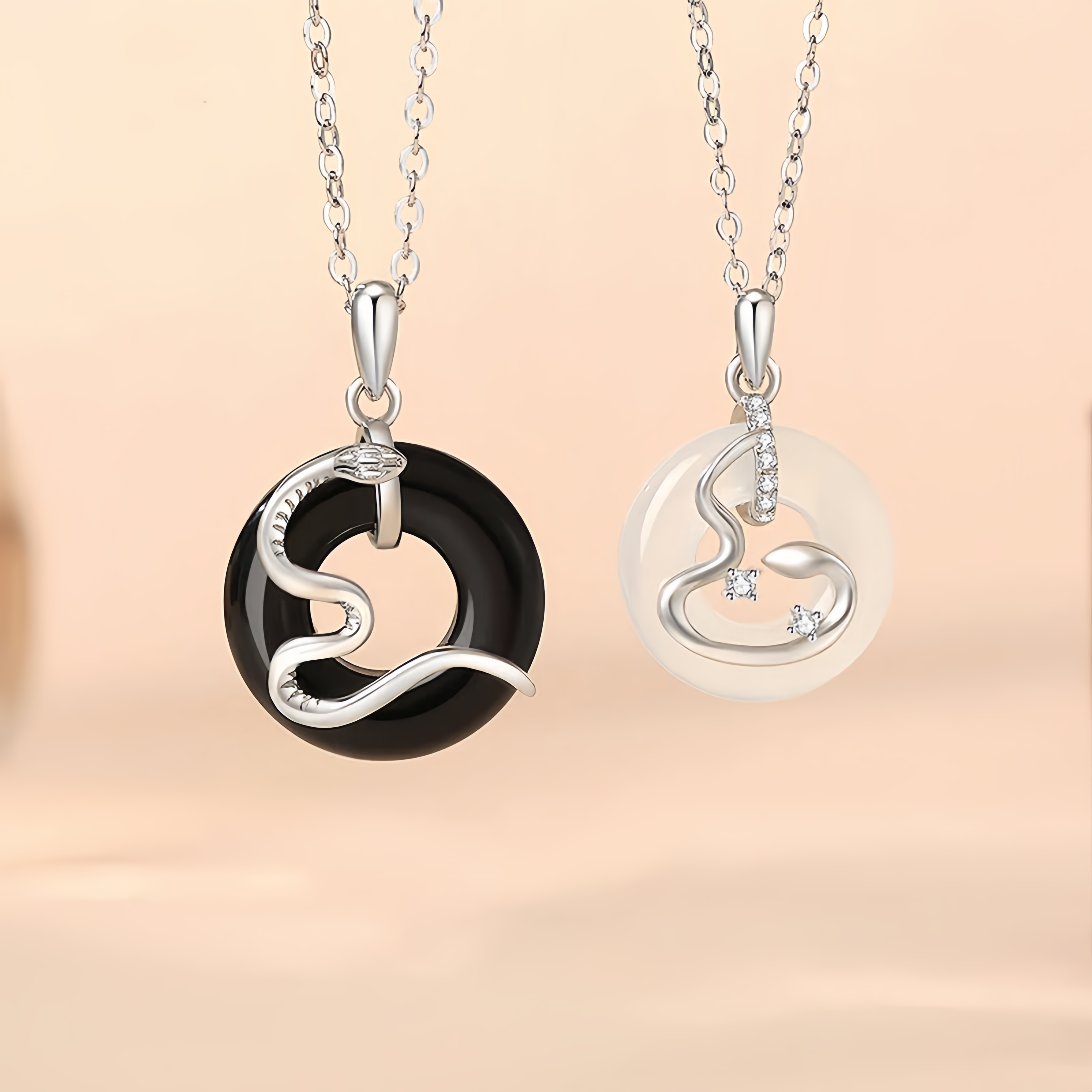 925 Sterling Silver Black Onyx Chalcedony Peace  Buckle Year Of The Snake Luck Pendant Necklace- EclatDoré