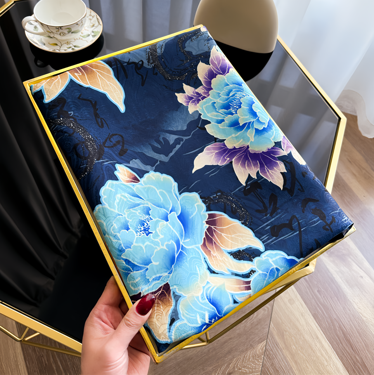  UV-Protective Handwoven Silk Scarf - Vintage Blue Peony & Bamboo Lightweight Ethno Fashion- EclatDoré