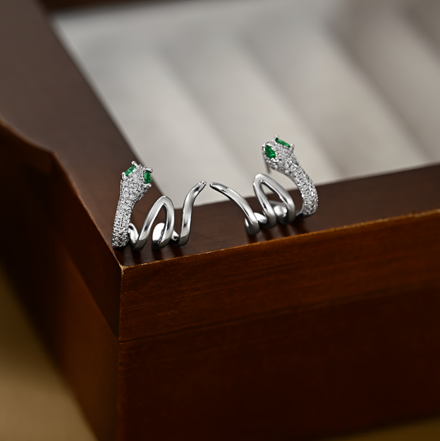 2025 Zodiac Snake Earrings with Emerald Green Eyes - 925 Sterling Silver Serpent Jewelry- EclatDoré