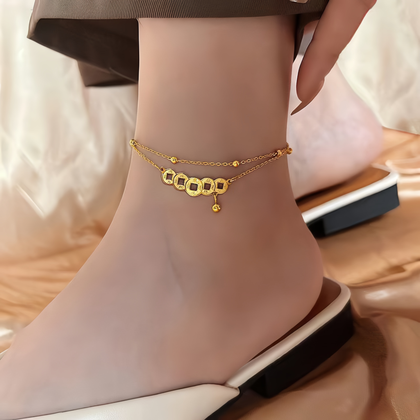 Double Layer Vintage Copper Coin Anklet for Women - Adjustable Lucky Wealth Anklet Chain- EclatDoré