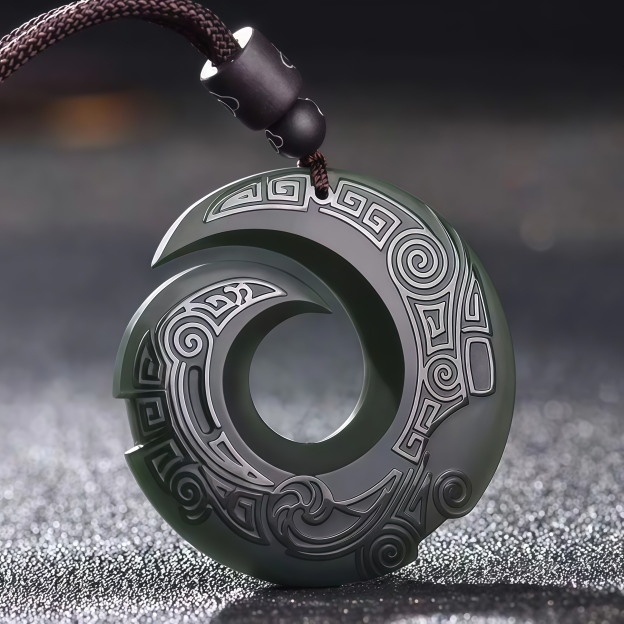 One's Luck Improves Design Patern Hetian Cyan Jade Peace Buckle Luck Necklace Pendant- EclatDoré