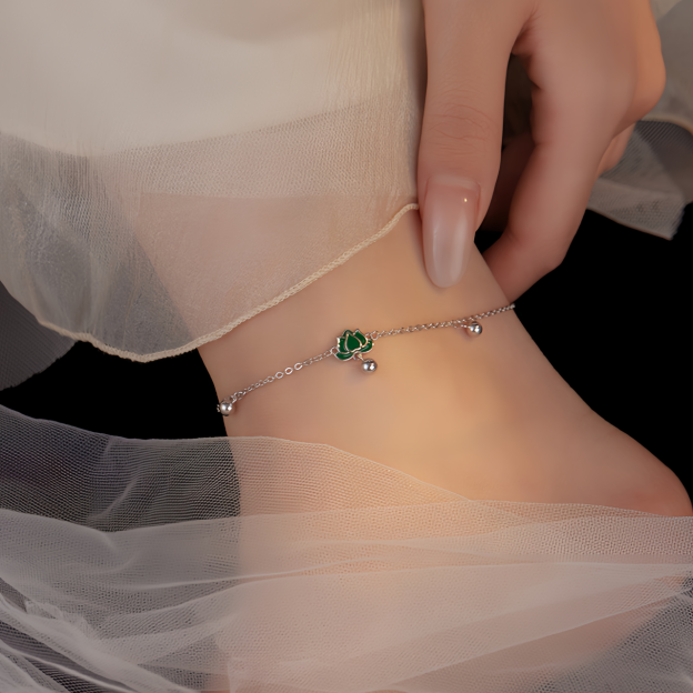 S925 Sterling Silver Vintage Lotus Ankle Bracelet & Wrist Chain with Green Stone Beads, Adjustable Retro Jewelry for Women- EclatDoré