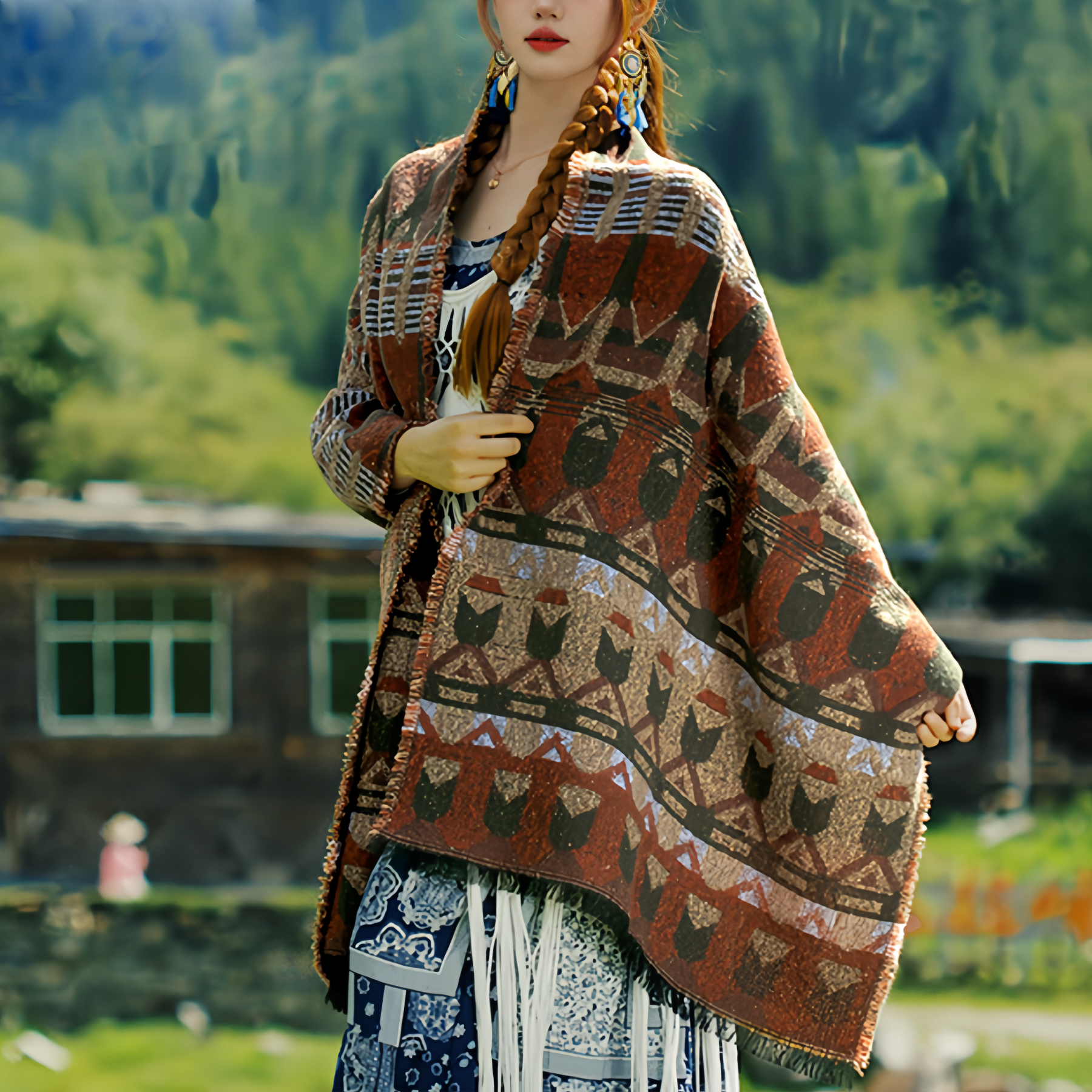 Estilo Europeo Y Americano, Capa De Chal Y Bufanda Con Estampado De Bosque Para Mujeres- EclatDoré