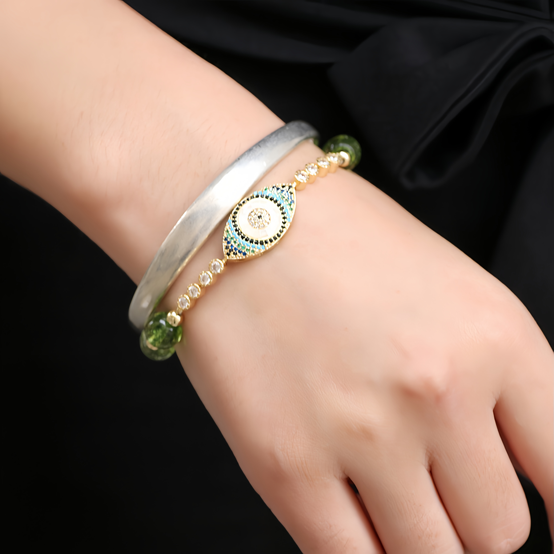 Handmade Natural Olivine Crystal Bracelet with Protective Nazar Eye Pendant- EclatDoré