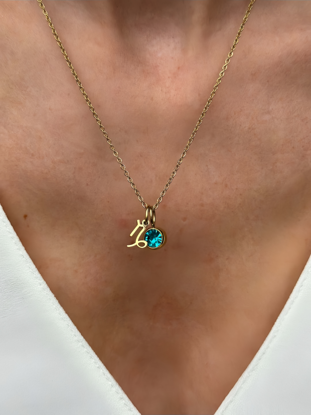 14K Gold Vermeil Zodiac Colorful Crystal Birthstone Protector Pendant Necklace- EclatDoré