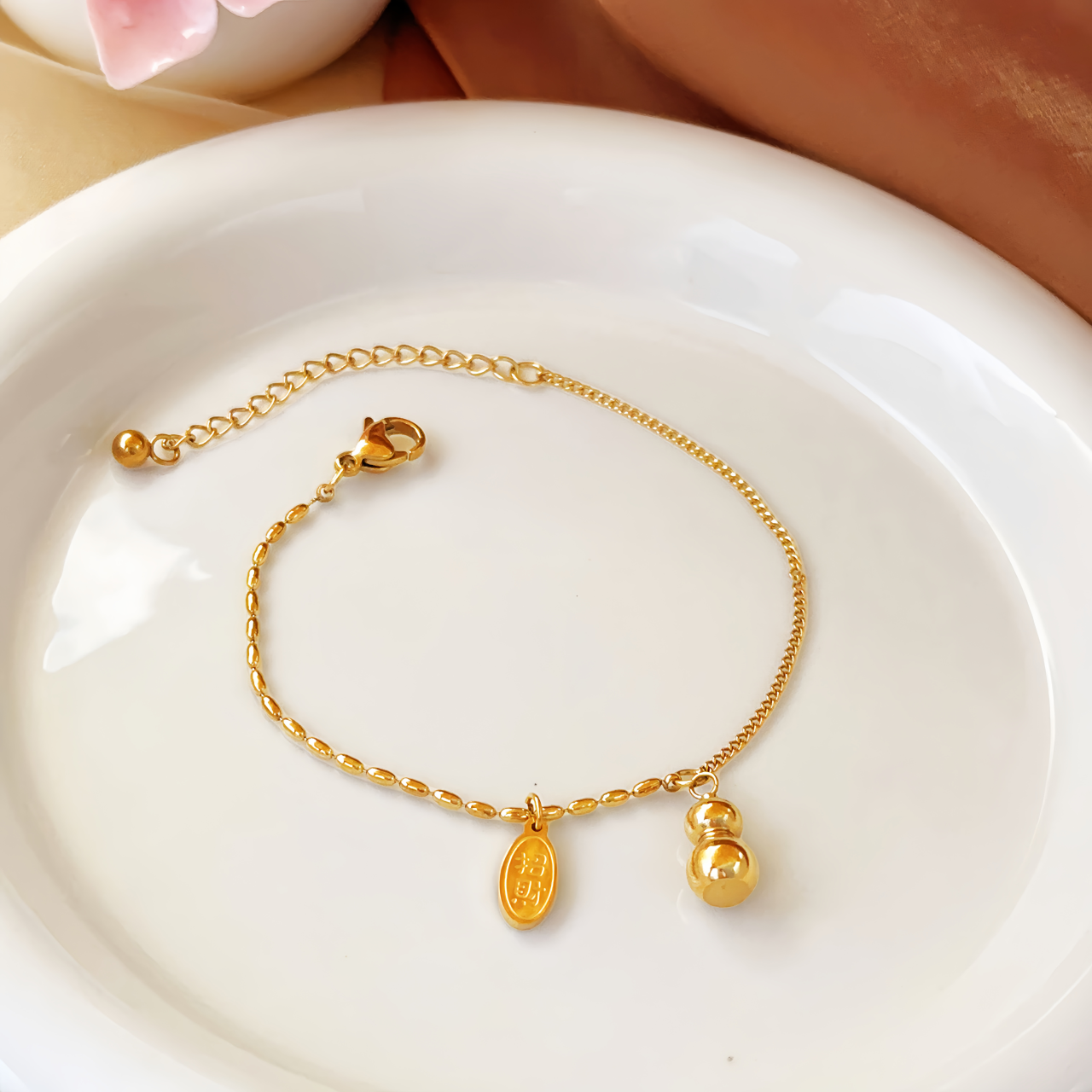 18K Gold Lucky Gourd Bracelet Anklet - Adjustable Style Fortune Jewelry- EclatDoré