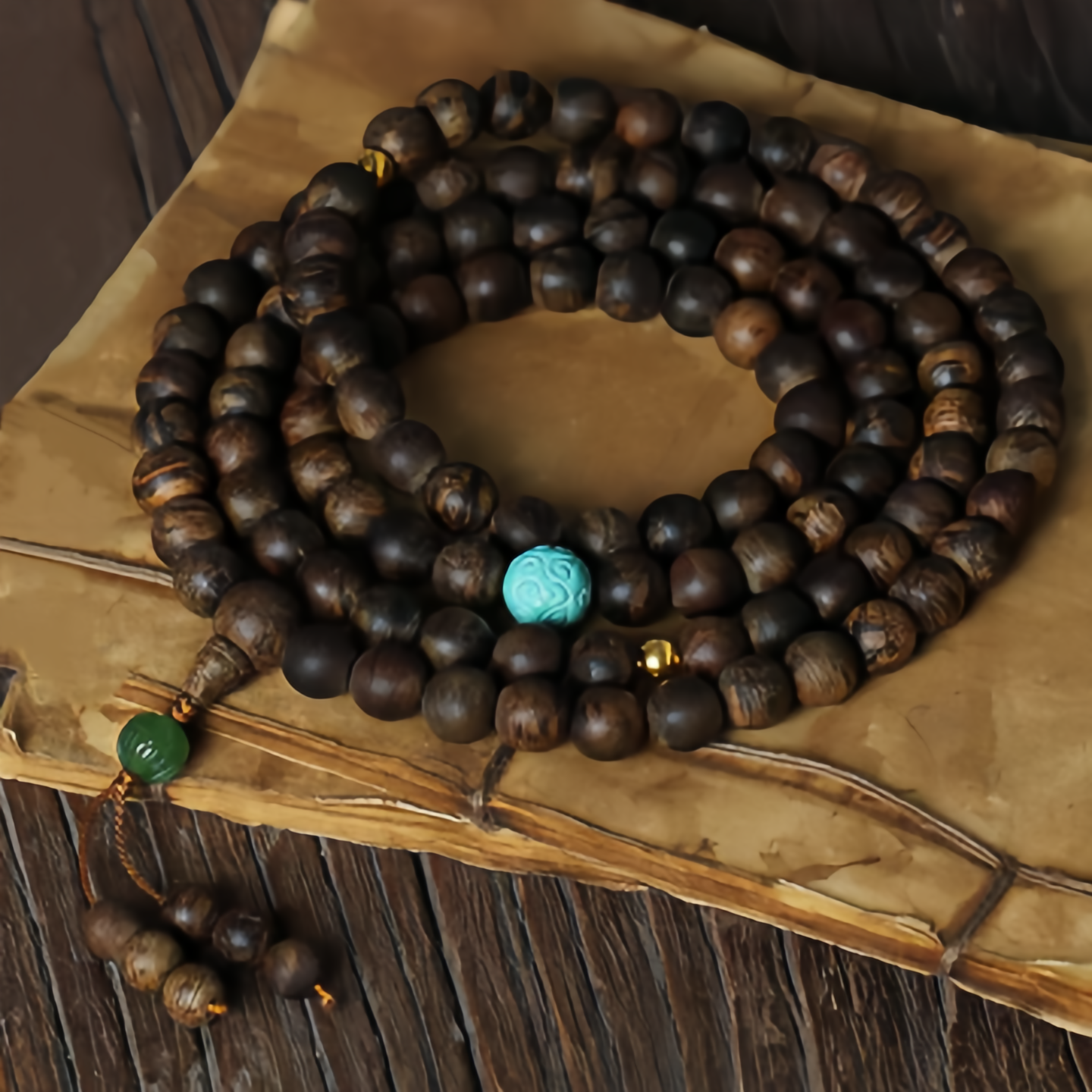 108 Mala Beads Nha Trang Agarwood Turquoise Prayer Meditation Bracelet Mala- EclatDoré
