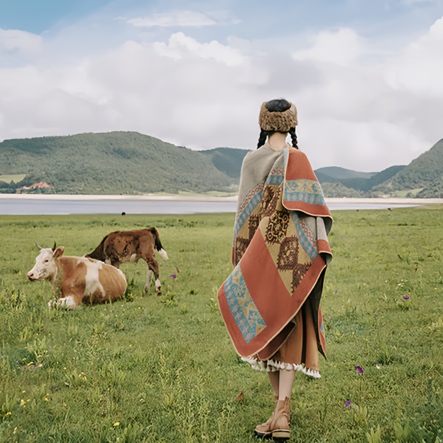 Tibetan Shawl Diamond Pattern Winter Warm Cloak Scarf- EclatDoré