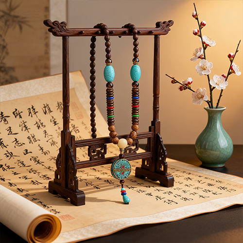 Turquoise Dzi Bead Prayer Wheel Wenge Wood Meditation Necklace