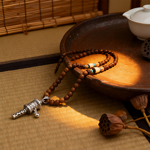 Turquoise Dzi Bead Prayer Wheel Wenge Wood Meditation Necklace