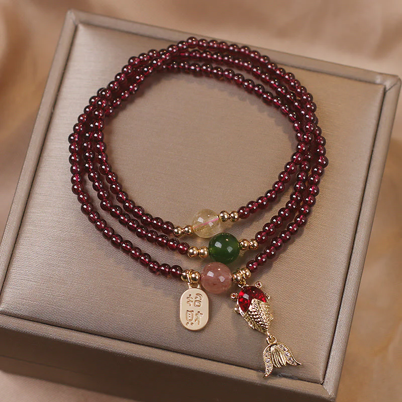 Natural Garnet Strawberry Quartz Crystal Fox Koi Fish Peace Buckle Fortune Protection Triple Wrap Bracelet- EclatDoré