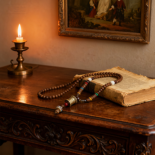 Turquoise Dzi Bead Prayer Wheel Wenge Wood Meditation Necklace